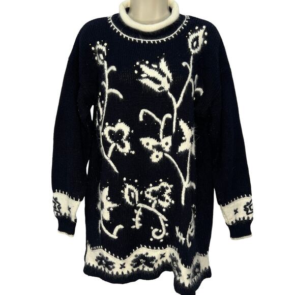 Vintage Dana Scott Tunic Mock Neck Sweater Size M Black Floral Beaded Wool - Picture 1 of 5